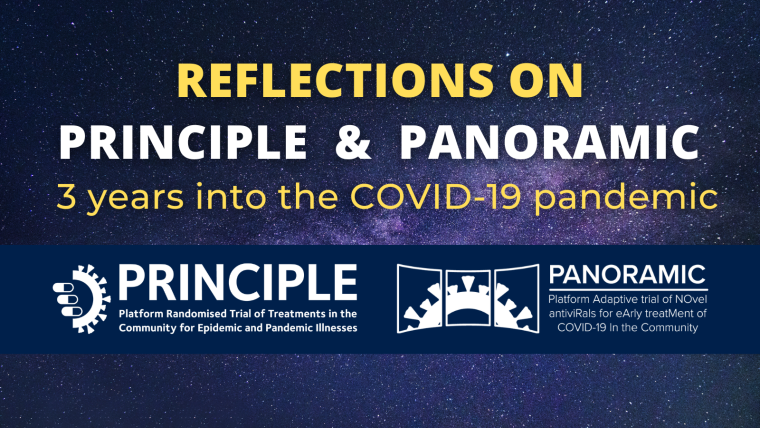 Galaxy background, text reads: Reflections on PRINCIPLE and PANORAMIC 3 years into the pandemic